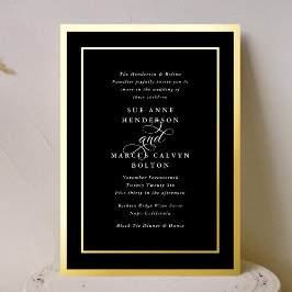 Invitación Con Relieve Metalizado Boda con marco dorado y ampersand clásico en blanc