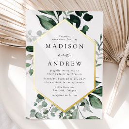 Invitación Con Relieve Metalizado Boda con marco dorado y vegetación abundante