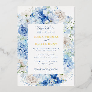 Invitación Con Relieve Metalizado Boda con marco floral azul elegante