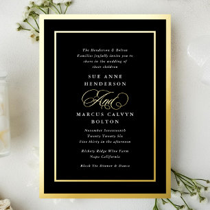 Invitación Con Relieve Metalizado Boda con Marcos Dorados Formales en Blanco y Negro