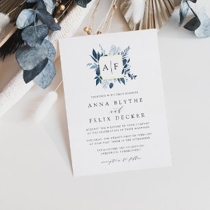 Invitación Con Relieve Metalizado Boda con Monograma Azul Salvaje