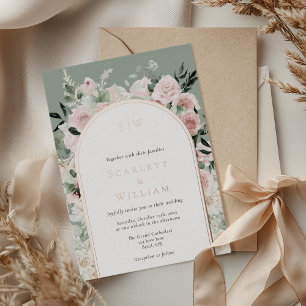 Invitación Con Relieve Metalizado Boda con Monograma de Arco de Oro Rosa Polvoriento