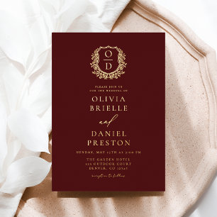 Invitación Con Relieve Metalizado Boda con Monograma de Cresta de Pan de Oro de Borg