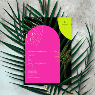 Invitación Con Relieve Metalizado Boda con Monograma Tropical Neon Arcos Palma