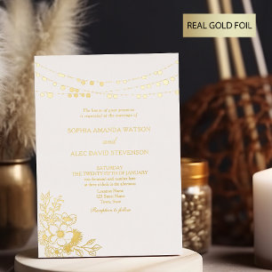 Invitación Con Relieve Metalizado Boda con Motivo Floral Dorado y Hojas de Estaño