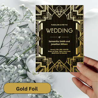 Invitación Con Relieve Metalizado Boda con papel de aluminio negro y dorado con glam