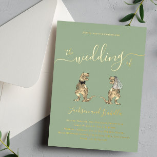 Invitación Con Relieve Metalizado Boda con tema de dinosaurios Verde menta y dorado