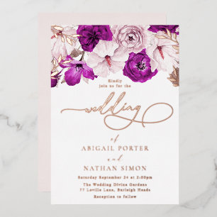 Invitación Con Relieve Metalizado Boda con Tono de Rosa Púrpura y Hoja de Oro Rosa