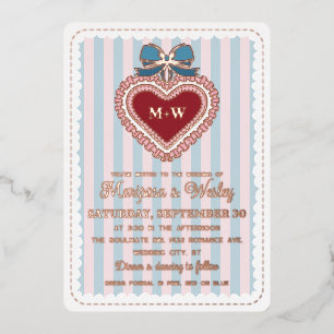 Invitación Con Relieve Metalizado Boda Corazón Volantes Rayas Rosa Azul Coqueta