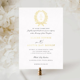 Invitación Con Relieve Metalizado Boda Corona de Hoja de Olivo Elegante Vintage Oro
