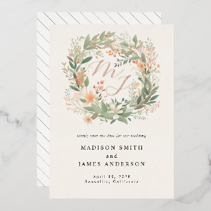 Invitación Con Relieve Metalizado Boda Corona Floral Romántica de Primavera Monogram