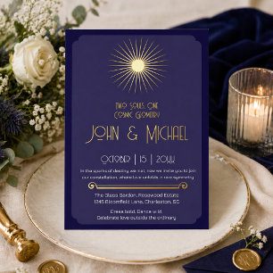 Invitación Con Relieve Metalizado Boda Cósmica Art Déco Elegante en Oro y Azul Marin