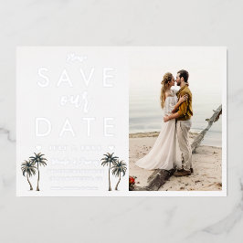 Invitación Con Relieve Metalizado Boda Costera con Palma Tropical - Salvar la Fecha