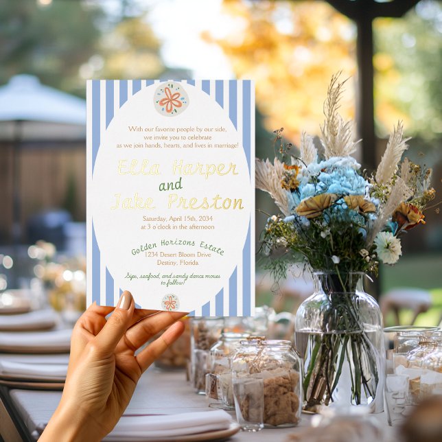 Invitación Con Relieve Metalizado Boda costero con franjas azules (Subido por el creador)