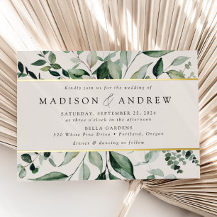Invitación Con Relieve Metalizado Boda Crema Verde Abundante Dorado