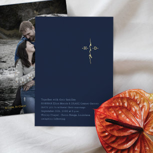 Invitación Con Relieve Metalizado Boda Cristiana Azul   Cruz de Iniciales   Oro
