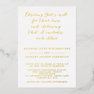 Invitación Con Relieve Metalizado Boda cristiana con guión blanco y dorado