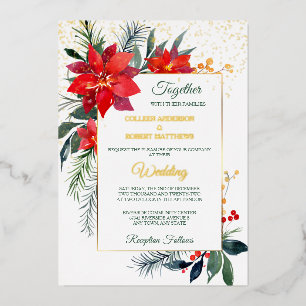 Invitación Con Relieve Metalizado Boda Cuadro Dorado de Poinsettia Roja de Fiesta