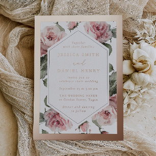 Invitación Con Relieve Metalizado Boda Cuadro Floral Rubor Oro Rosa