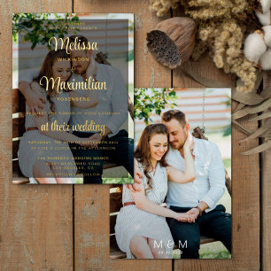 Invitación Con Relieve Metalizado Boda de 2 fotos con letra dorada moderna