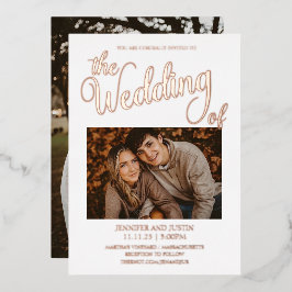 Invitación Con Relieve Metalizado Boda de 2 Fotos Simple con Holograma de Oro Rosa