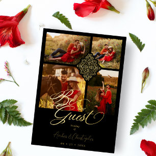 Invitación Con Relieve Metalizado Boda de 4 fotos con filigrana de lujo dorada falsa