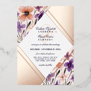 Invitación Con Relieve Metalizado Boda de Acuarela de Flor de Violeta Coral de Oro R
