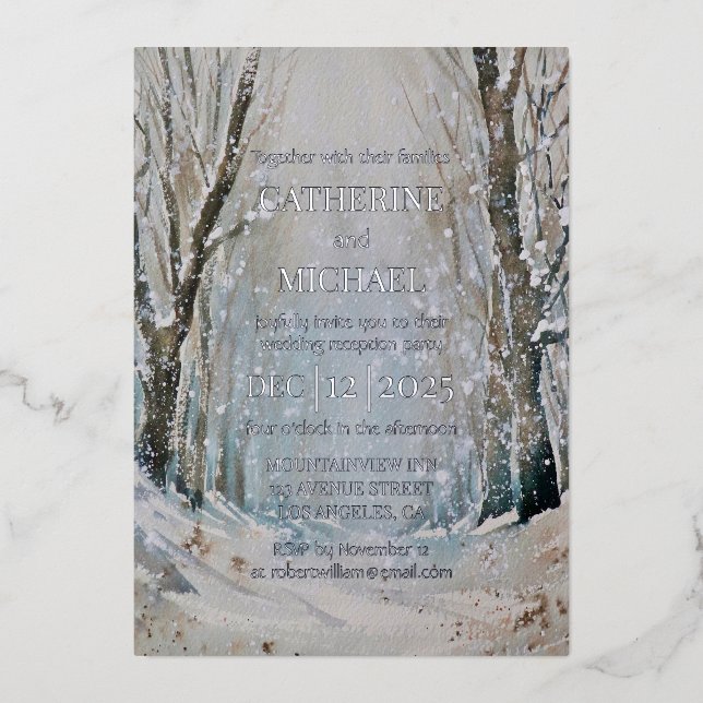 Invitación Con Relieve Metalizado Boda de acuarela de la selva de invierno rústica y (Anverso)