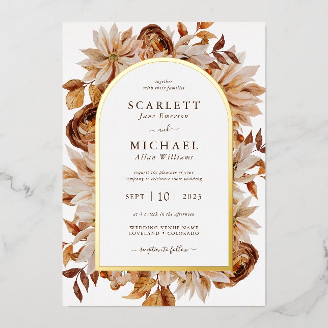 Invitación Con Relieve Metalizado Boda de acuarela de otoño (Anverso)