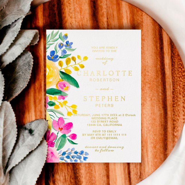 Invitación Con Relieve Metalizado Boda de acuarela floral de país brillante (Subido por el creador)
