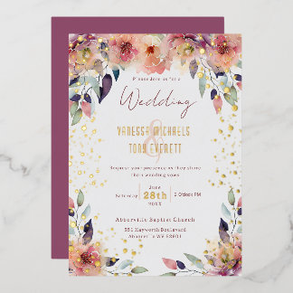 Invitación Con Relieve Metalizado Boda de Acuarela Floral Rosa Elegante