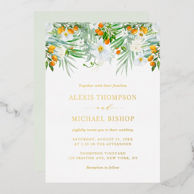 Invitación Con Relieve Metalizado Boda de acuarela orquídeas blancas y kumquats (Anverso/Reverso)