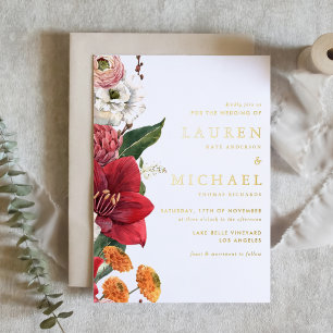 Invitación Con Relieve Metalizado Boda de Acuarela Roja Amaryllis y Crisantemo
