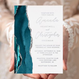 Invitación Con Relieve Metalizado Boda de Agata Azul Teal Plata Script