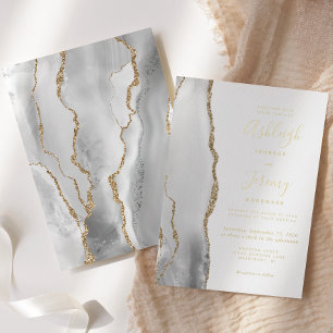 Invitación Con Relieve Metalizado Boda de Ágata Gris Blanco Moderno Dorado