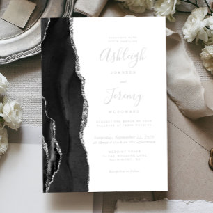 Invitación Con Relieve Metalizado Boda de Ágata Negra Plateada Moderna