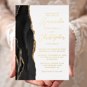 Invitación Con Relieve Metalizado Boda de Agata Negro Oro Script
