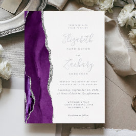 Invitación Con Relieve Metalizado Boda de Ágata Plateada Púrpura Moderna