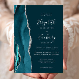 Invitación Con Relieve Metalizado Boda de Ágata Plateada Verde Teal Moderno y Oscuro