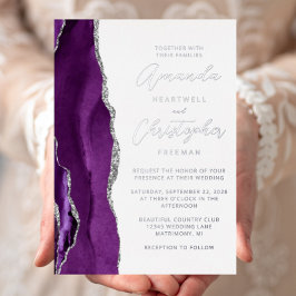 Invitación Con Relieve Metalizado Boda de Agate Morado Plata Script