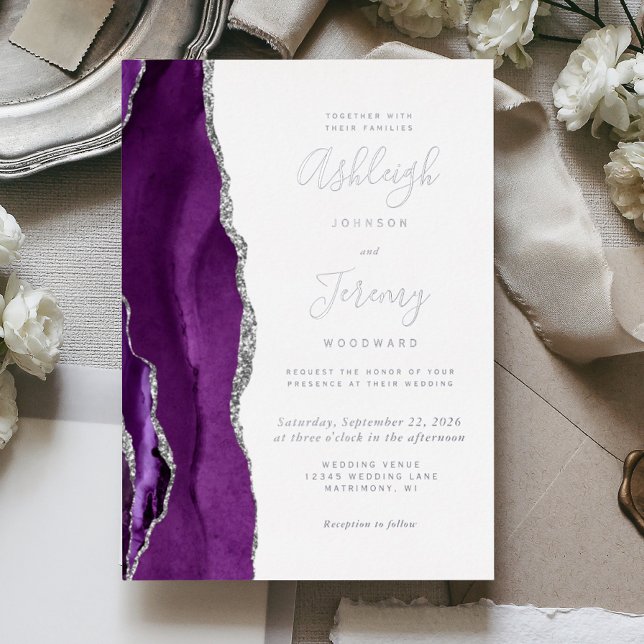 Invitación Con Relieve Metalizado Boda de Agate Morado Plateado Moderno (Subido por el creador)
