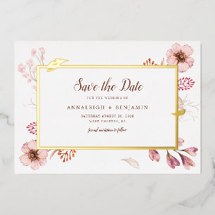 Invitación Con Relieve Metalizado Boda de Ahorro de Fecha Floral Botánico Acuarela