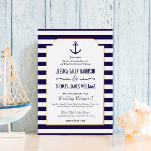 Invitación Con Relieve Metalizado Boda de Ancla de Raya Blanca y Marina Real