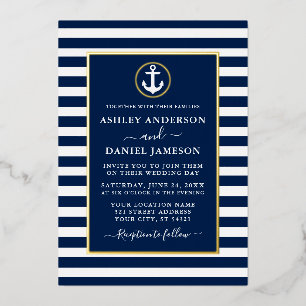 Invitación Con Relieve Metalizado Boda de Ancla Náutica Bandas Azules Oro