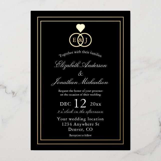 Invitación Con Relieve Metalizado Boda de anillos entrelazados (Anverso)