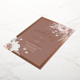 Invitación Con Relieve Metalizado Boda de Arcilla Floral Rubor Borde de Pan de Oro R