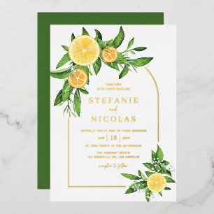 Invitación Con Relieve Metalizado Boda de Arco de Acuarela Lemons y Naranjas