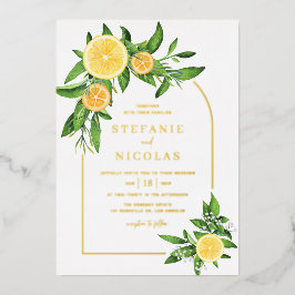 Invitación Con Relieve Metalizado Boda de Arco de Acuarela Lemons y Naranjas