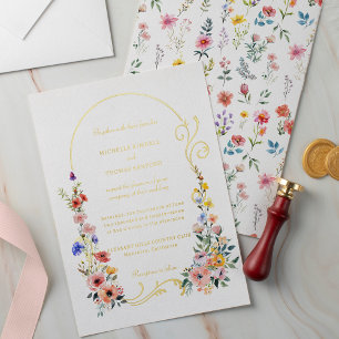 Invitación Con Relieve Metalizado Boda de arco de flores silvestres de acuarela de p
