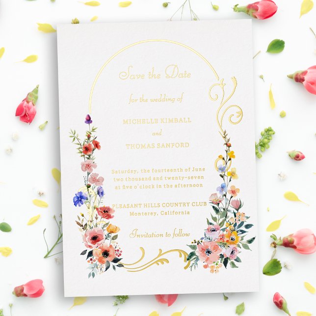 Invitación Con Relieve Metalizado Boda de Arco de Flores Silvestres Salva la Fecha (Subido por el creador)